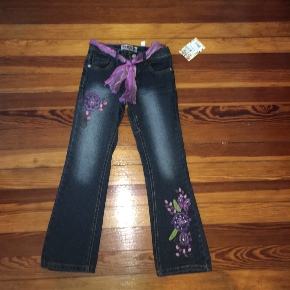 COPY - blue jeans with purple sash belt and embroidery
